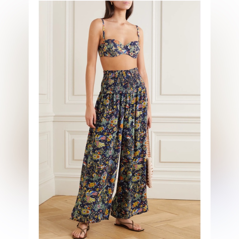 NWOT Tory Burch Promised Land High Waist Beach Wide Leg Palazzo Smocked Pants S